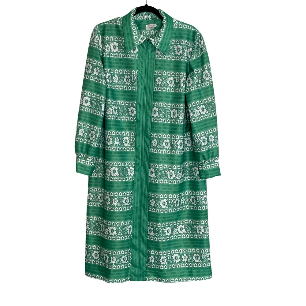Vintage Lorac Original Green Floral Zip Front Shift Dress Mod Long Sleeve Boho‎